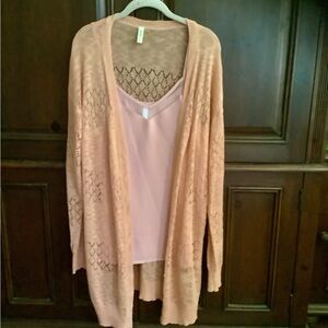 Blush Pink Open-Front Lace Knit Cardigan Sweater with matching camisole Women XL